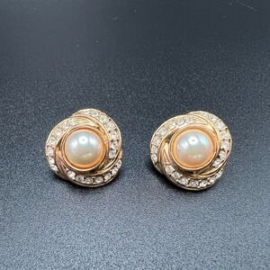 Vintage Roman Clip On Earrings Signed Gold Tone Faux Pearl Rhinestone Swirl
